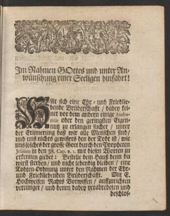 Im Nahmen Gottes und unter Anwünschung einer Seeligen hinfahrt!
