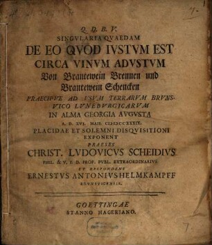 Singvlaria Qvaedam De Eo Qvod Ivstvm Est Circa Vinvm Advstvm : = Von Brantewein Brennen und Brantewein Schencken