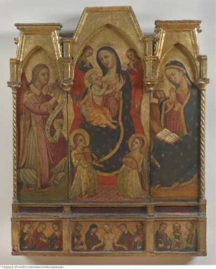 Madonna zwischen der Verkündigung und musizierenden Engeln, darunter Pietà-Predella