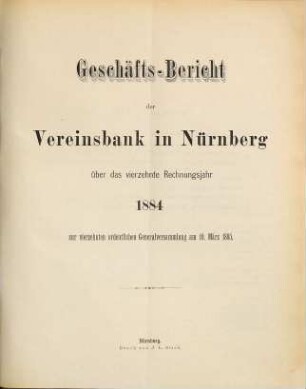 Geschäftsbericht. 1884 = Rechnungsjahr 14