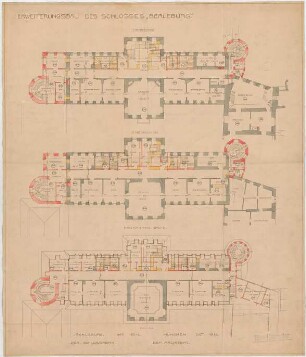 Thiersch, Friedrich von; Bad Berleburg (Nordrhein-Westfalen); Schloss, Umbau - Grundriss 1. OG, Grundriss 2. OG, Grundriss Mansarde