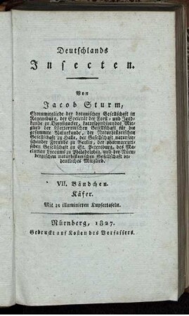 Abth. 5, Bdch. 7: Deutschlands Fauna in Abbildungen nach der Natur mit Beschreibungen. Abth. 5. Deutschlands Insecten. Bdch. 7