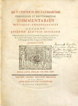 De Catholicis Seu Patriarchis Chaldaeorum Et Nestorianorum Commentarius Historico-Chronologicus