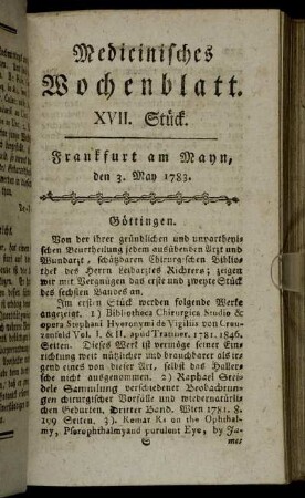 XVII. Stück. Frankfurt am Mayn, den 3. May 1783. - XXI. Stück. Frankfurt am Mayn, den 31. May 1783.