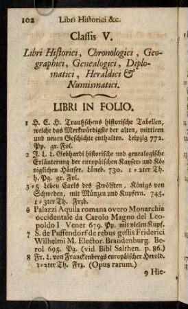 102-134, Classis V. Libri Historici, Chronologici, Geographici, Generalici, Diplomatici, Heraldici & Numismatici.