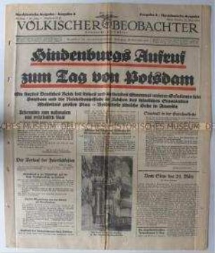 Nationalsozialistische Tageszeitung "Völkischer Beobachter" zu den Vorbereitungen der Feierlichkeiten zum "Tag von Potsdam"