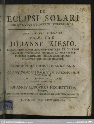 De Eclipsi Solari Die 17mo Octobr. MDCCLXII. Celebranda