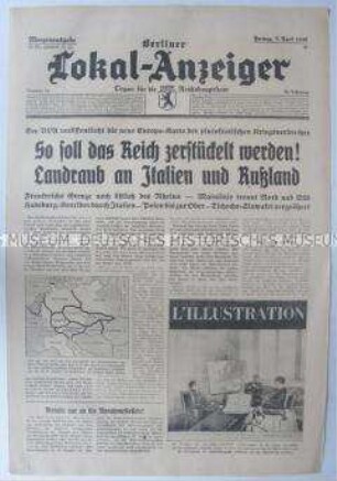 Tageszeitung "Berliner Lokal-Anzeiger" über angebliche Pläne der Westmächte zur Aufteilung Europas nach dem Weltkrieg