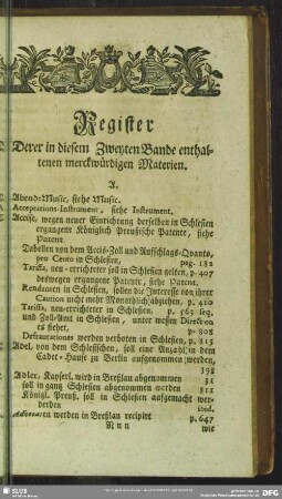 Register Derer in diesem Zweyten Bande entaltenen merckwürdigen Materien
