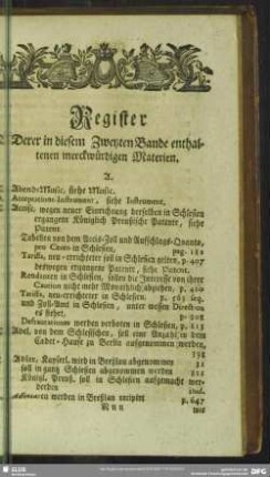 Register Derer in diesem Zweyten Bande entaltenen merckwürdigen Materien