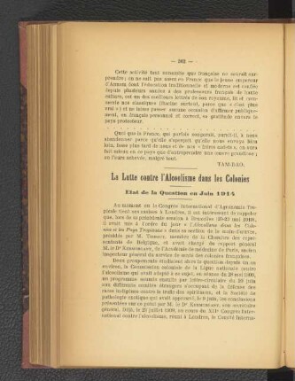 La Lutte contre l'Alcolisme dans les Colonies.