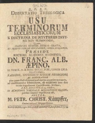 Dissertatio Theologica De Usu Terminorum Ecclesiasticorum E Doctrina De Mysteriis Divinis Non Eliminando