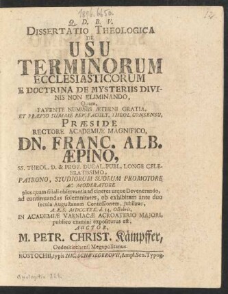 Dissertatio Theologica De Usu Terminorum Ecclesiasticorum E Doctrina De Mysteriis Divinis Non Eliminando