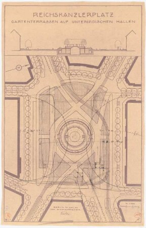 Reichskanzlerplatz, Berlin-Charlottenburg: Gartenterrassen auf dem Reichskanzlerplatz im Grundriss 1:500, Maßstabsleiste, skizzenhafte Einzeichnungen