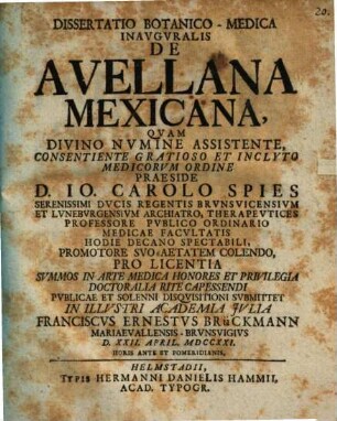Dissertatio Botanico-Medica Inavgvralis De Avellana Mexicana
