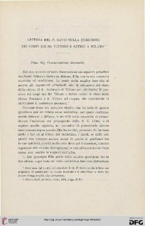 20: Lettera del P. Savio sulla questione dei corpi dei SS. Vittore e Satiro a Milano