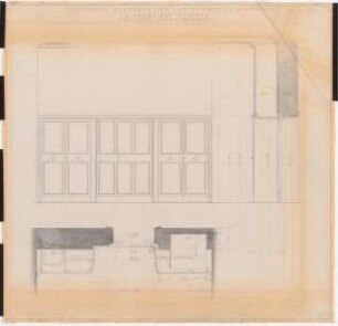 Preußischer Landtag, Berlin Umbau zum »Haus der Flieger«: Akademie für Luftfahrtforschung, Referentenzimmer Raum 5 (Tür und Wandgestaltung): Ansicht, Schnitte, Grundriss 1:10