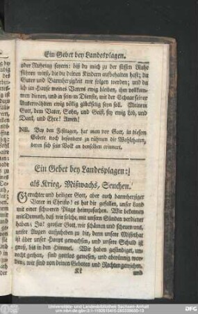 Ein Gebet bey Landesplagen: als Krieg, Mißwachs, Seuchen.