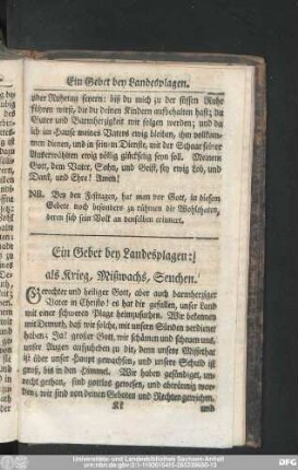 Ein Gebet bey Landesplagen: als Krieg, Mißwachs, Seuchen.
