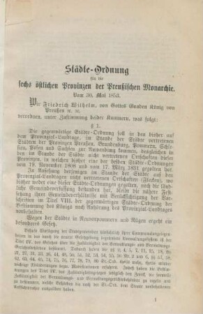 Städte-Ordnung für die sechs östlichen Provinzen der Preußischen Monarchie