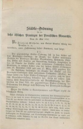 Städte-Ordnung für die sechs östlichen Provinzen der Preußischen Monarchie