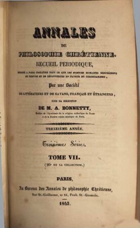 Annales de philosophie chrétienne. 26 = Sér. 3, A. 13 = T. 7. 1843