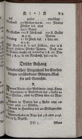3) Alphabetisches Verzeichniß der Eintheilungen verschiedener Münzen, Massen und Gewichte.