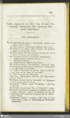 Under loppet af år 1827 har Kongl. Vetenskaps Academien fått emottaga följande föräringar