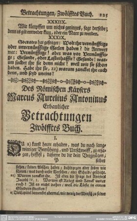 Des Römischen Käysers Marcus Aurelius Antonius Erbaulicher Betrachtungen. Zwölfftes Buch
