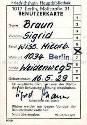 Ausweis zur Benutzung der Pablo-Neruda-Bibliothek