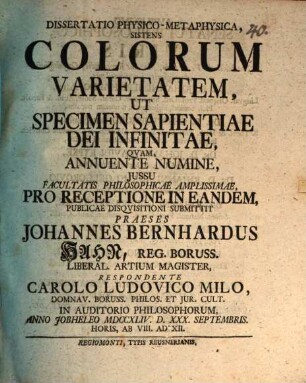 Diss. physico-metaphys. sistens colorum varietatem, ut specimen sapientiae Dei infinitae