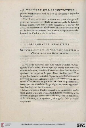 Paragraphe troisieme: Ce qu’il paroit que les Grecs ont emprunte a l’Architecture Egyptienne