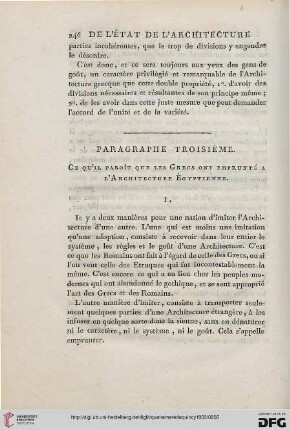 Paragraphe troisieme: Ce qu’il paroit que les Grecs ont emprunte a l’Architecture Egyptienne
