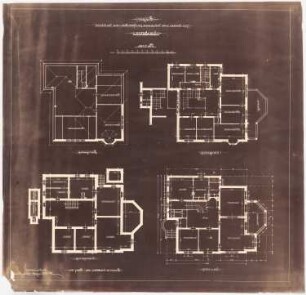 Wohnhaus J. Schaub, Emsdetten: Grundrisse Obergeschoss, Dachgeschoss, Erdgeschoss und Keller 1:100 (spiegelverkehrt)
