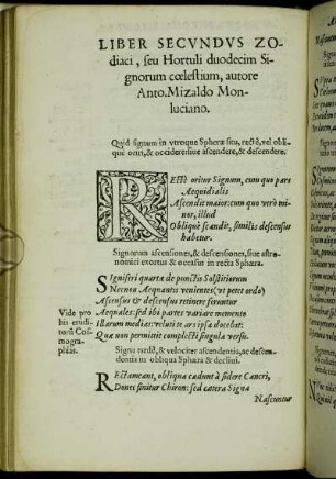 Liber Secundus Zodiaci, seu Hortuli duodecim Signorum cœlestium, autore Anto. Mizaldo Monluciano.