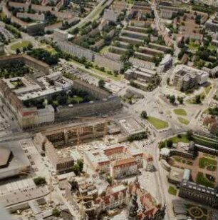 Blick über Schloß, Hotel "Kempinski", Zwinger, Postplatz, Wilsdruffer Straße und Marienstraße