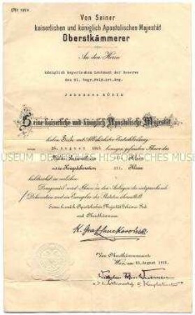 Verleihungsurkunde für das österreichische Militär-Verdienstkreuz 3. Klasse mit Kriegsdekoration an den Leutnant der Reserve Johann König - Familienkonvolut