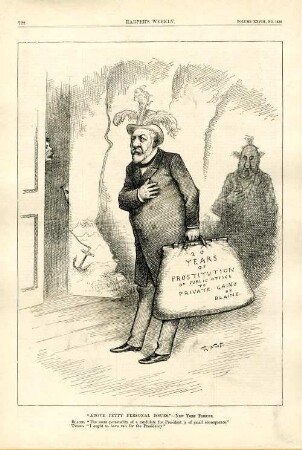 "Above petty personal issues." - New York Tribune. Blaine. "The mere personality of a candidate for President is of small consequence." Tweed. "I ought to have run for the Presidency." : James Blaine tritt auf einer Bühne auf. Hinter ihm steht der Schatten von Tweed