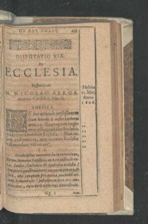 Disputatio XIX. De Ecclesia. Respondente M. Nicolao Bergemanno.