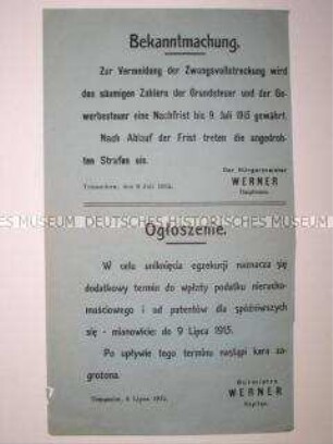 Maueranschlag mit einer Bekanntmachung über die Gewährung einer Zahlungsfrist bei Steuern (zweisprachig)