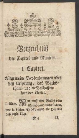 Verzeichniß der Capitel und Numern