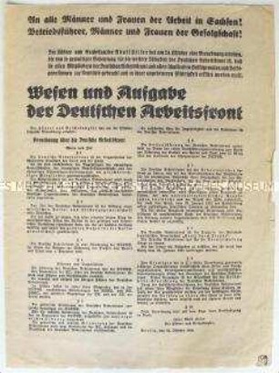 Flugblatt mit dem Text der Verordnung über die Deutsche Arbeitsfront, rückseitig Aufruf von Robert Ley