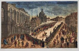 Militärparade auf dem Jüdenhof in Dresden anlässlich des Besuches der Kaiser Franz I. von Österreich und Kaiser Napoleon I. im Mai 1812 (?), links das Johanneum und die Frauenkirche mit dem Neumarkt