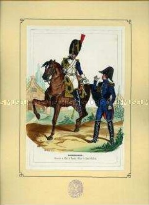 Uniformdarstellung, Grenadier und Offizier des Grenadier-Regiments zu Pferd der Kaisergarde, Frankreich, 1804. Aus: Bellangé: Die Soldaten der französischen Republik und des Kaiserreichs.