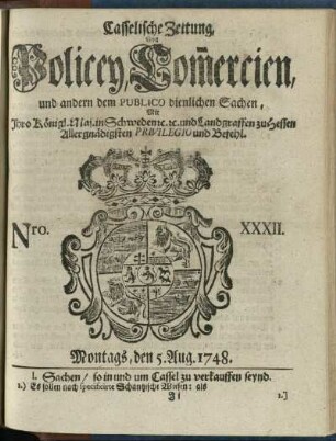 Nro. XXXII, Montags, den 5. Aug. 1748