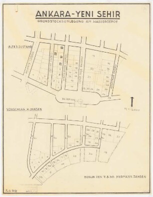 Gesamtbebauungsplan Ankara Teilbebauungsplan äußere Stadt: Grundplan 1:2000, Yenişehir, Grundstücksumlegung am Wasserdepot