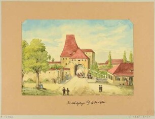 Das Böhmische Tor in Zittau in der Oberlausitz von außen mit dem Schlagbaum im Zustand vor dem Abbruch 1820