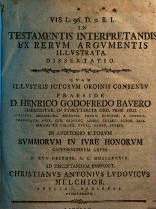 Vis L. 96. D. d. R. I. In Testamentis Interpretandis Ex Rervm Argvmentis Illvstrata : dissertatio