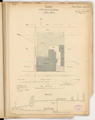 Landratsamt (Kreishaus), Zell/Mosel Monatskonkurrenz Januar 1888: Lageplan 1:200; Geländeprofilschnitt 1:200/1:100; Maßstabsleiste