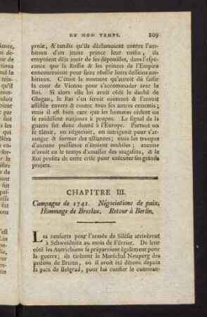109-142, Chapitre III. Campagne de 1741. Négociations de paix. Hommage de Breslau. Retour à Berlin.